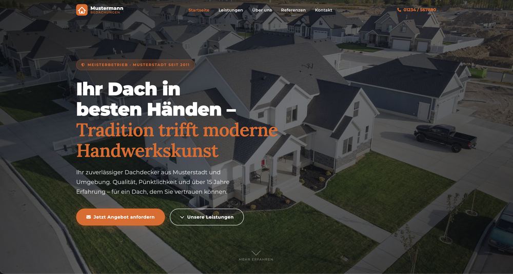 Vorschau einer Beispiel-Website für einen Dachdeckerbetrieb